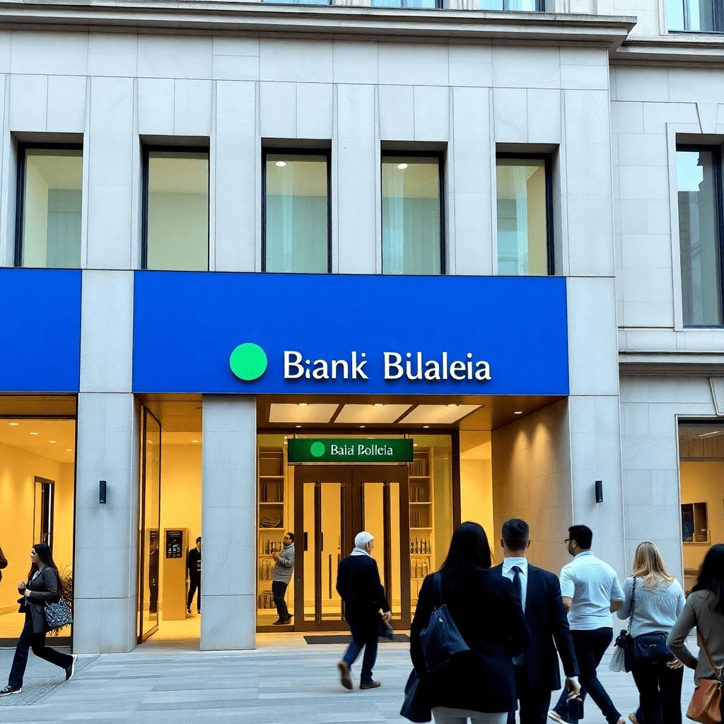 A clean, modern bank interior with a friendly bank employee and a customer
