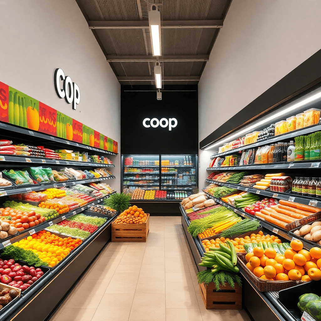 Coop supermarket interior with fresh produce section, modern clean design, Italian grocery store