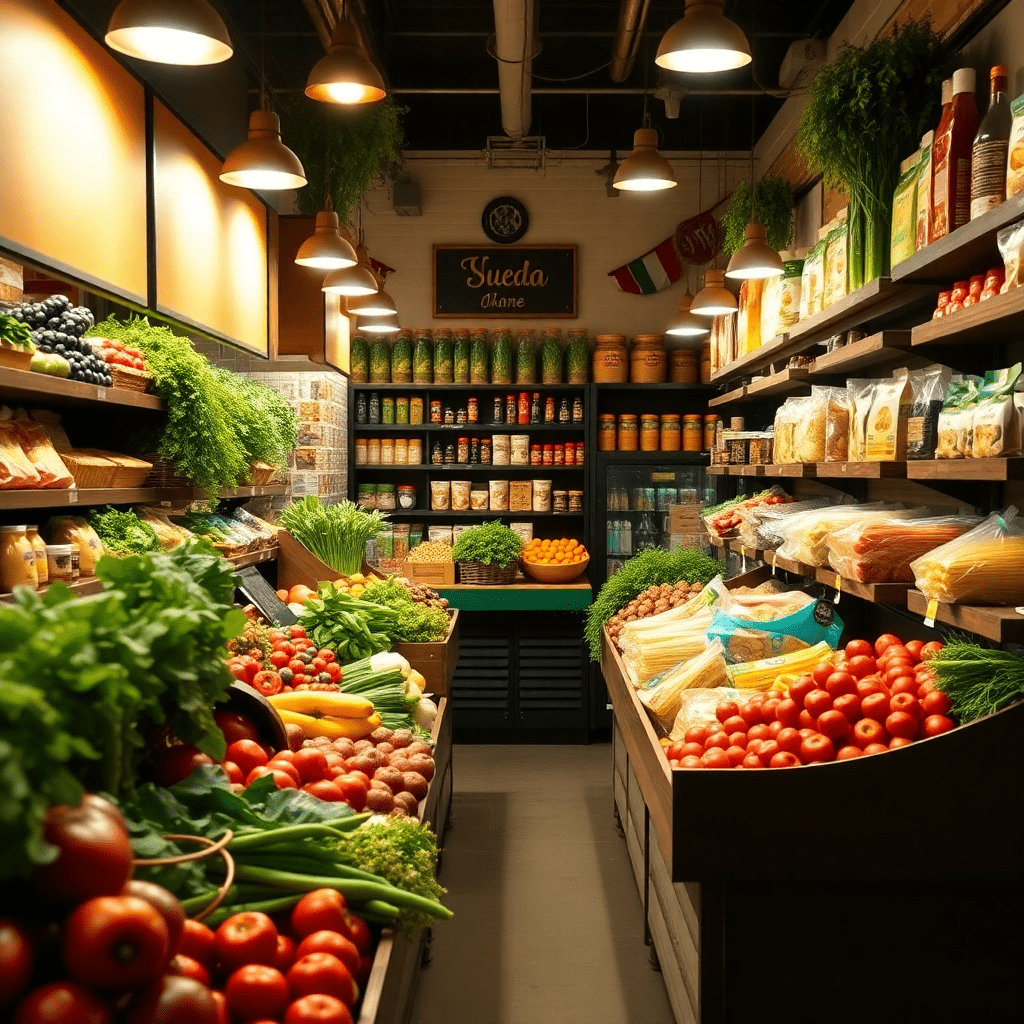 Italian grocery store with fresh vegetables, fruits, pasta, and local products, warm lighting, inviting atmosphere