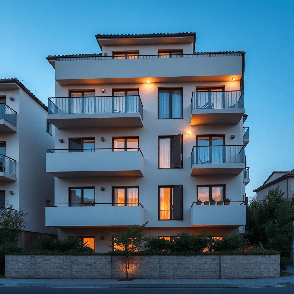 Modern Italian apartment building in Monfalcone with balconies, warm lighting, residential area, Mediterranean architecture