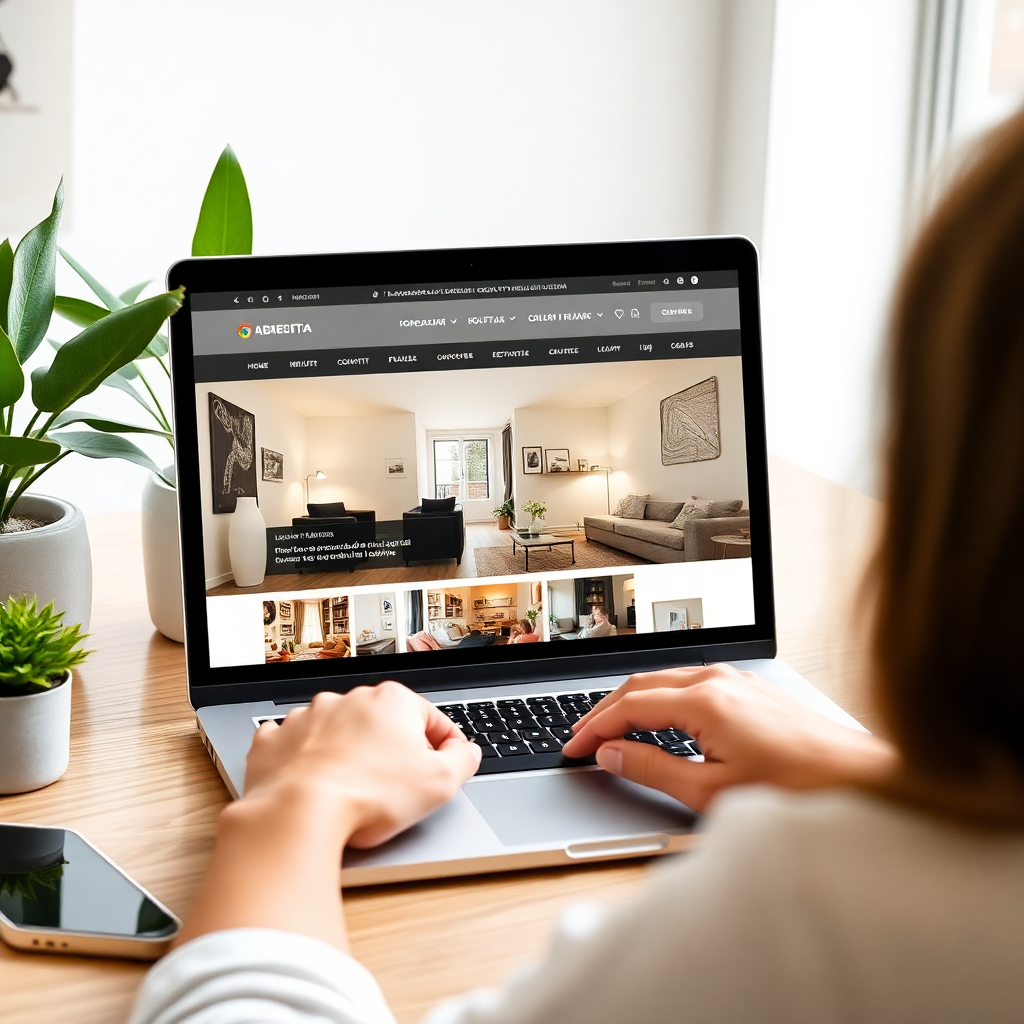 Person browsing apartment listings on laptop, Italian rental website interface, modern workspace