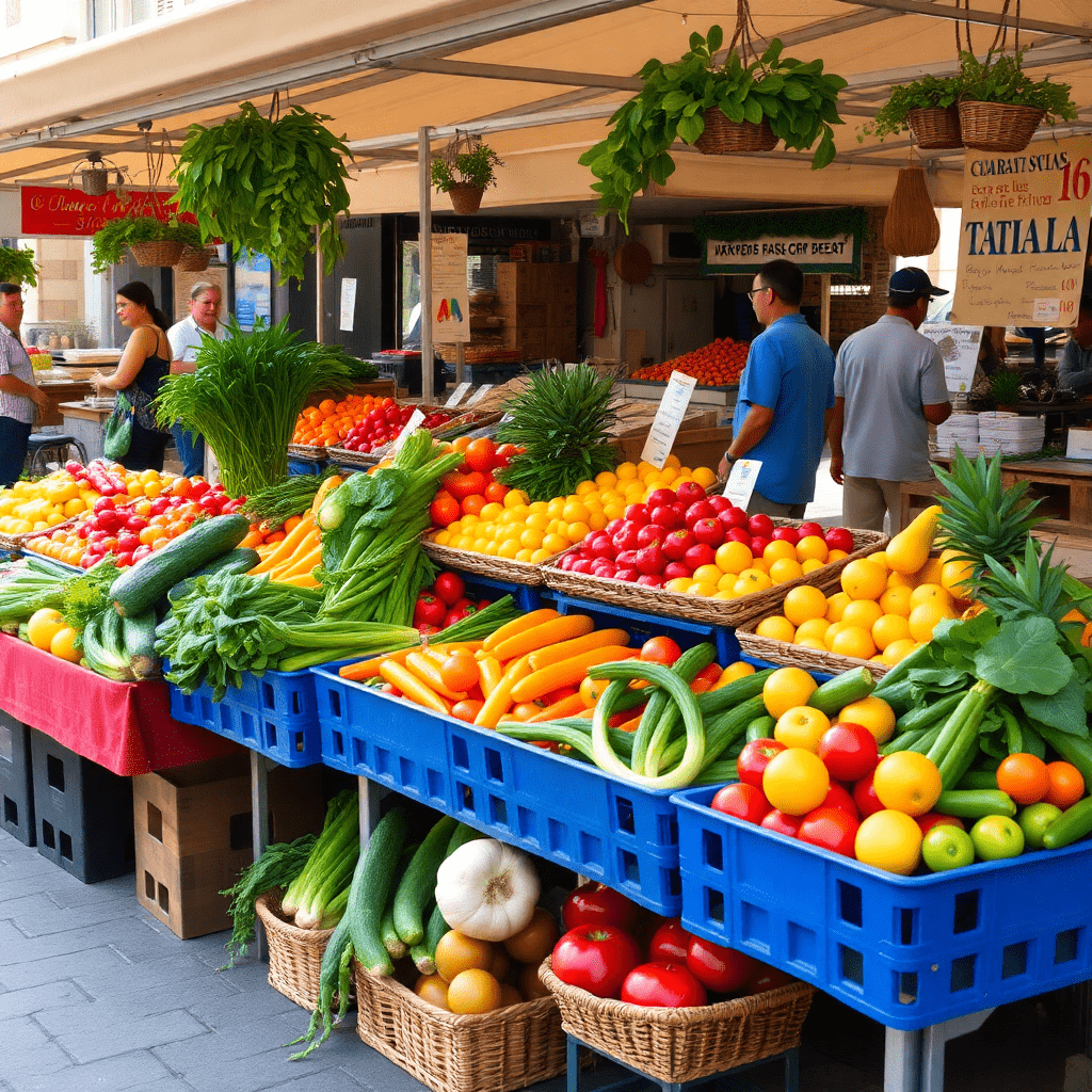 Italian farmers market with fresh vegetables, fruits, local vendors, vibrant outdoor market atmosphere