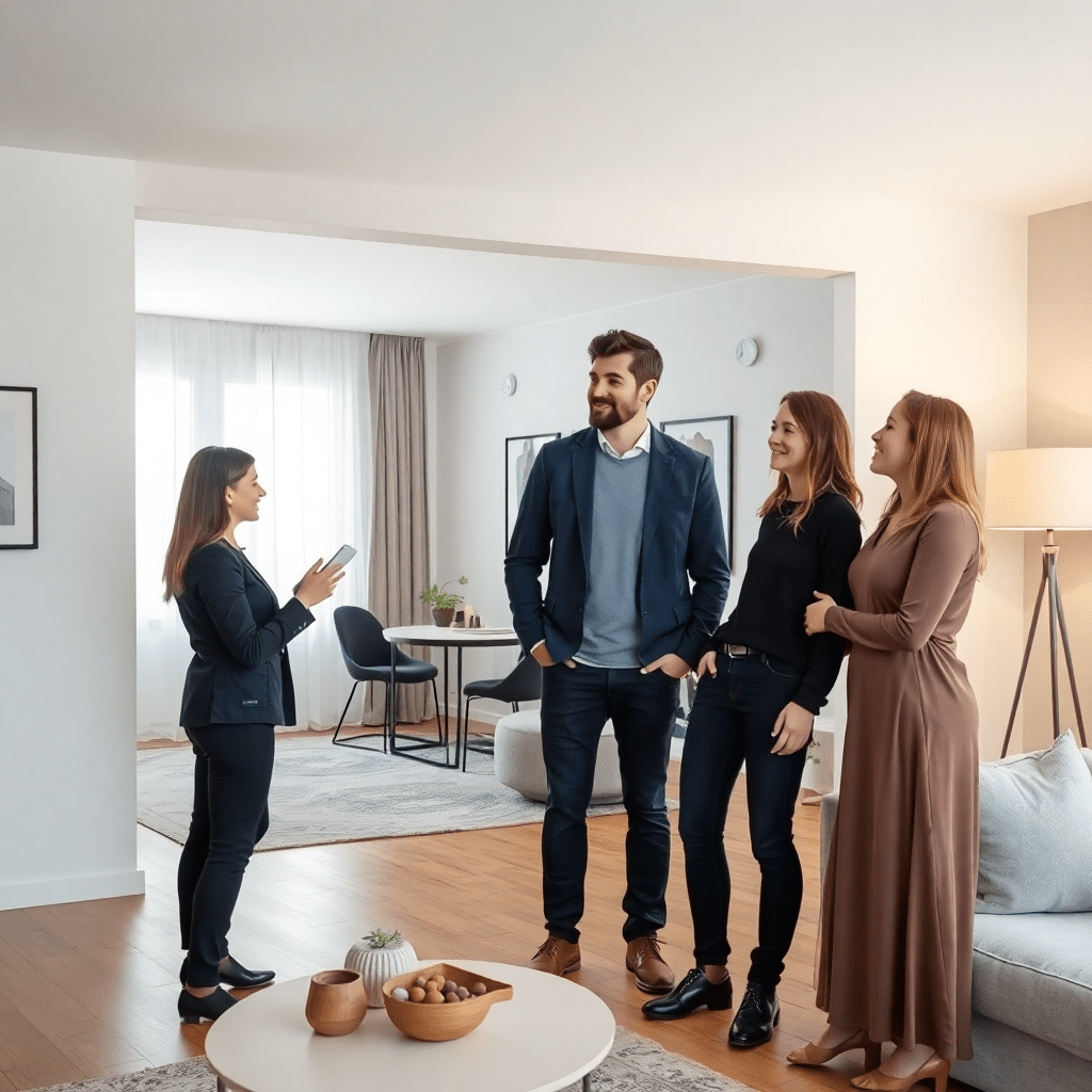 Real estate agent showing apartment to young couple, modern Italian apartment interior, viewing process