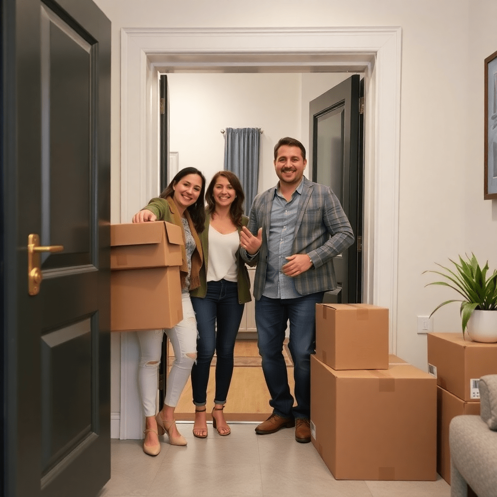 Happy family with keys to new apartment, moving boxes, Italian apartment entrance, celebration