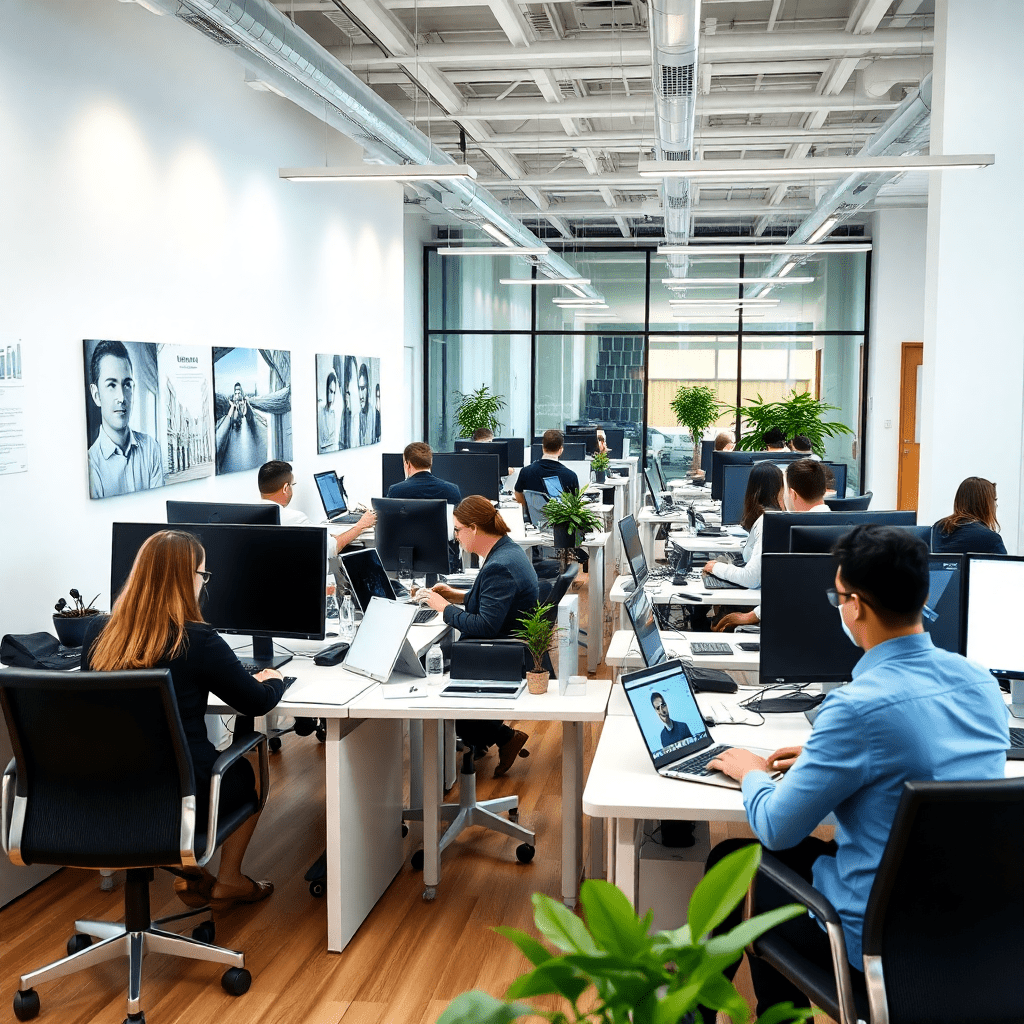 professional office environment with people working at desks, modern Italian workplace, diverse workforce