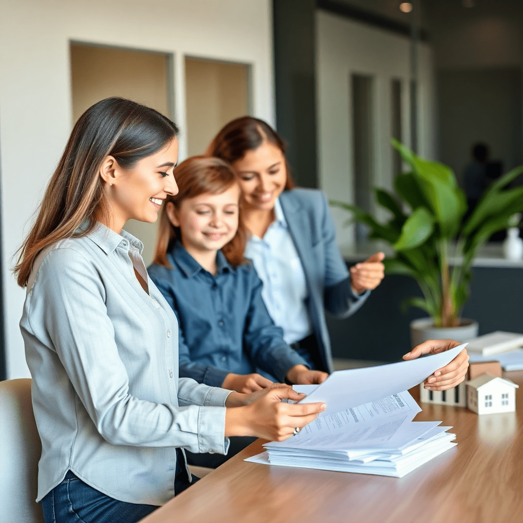 Professional relocation consultant helping family with housing documents, modern office setting, Italian real estate