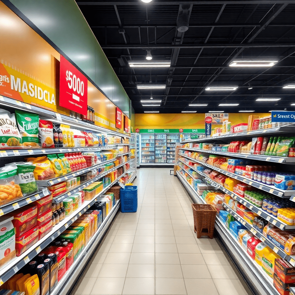 Eurospin discount supermarket with affordable products, clean aisles, budget-friendly grocery store