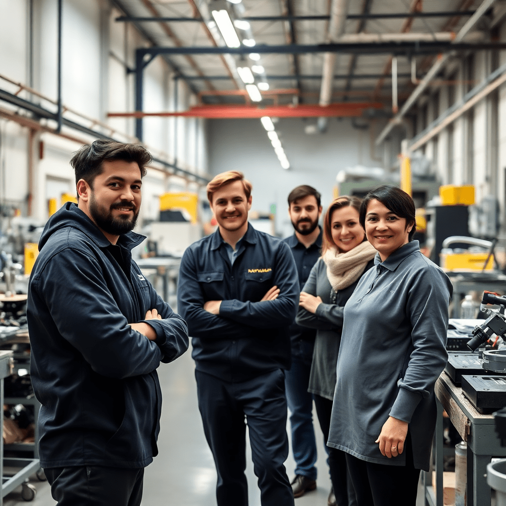 modern Italian factory workers, diverse team in manufacturing setting, professional workplace atmosphere