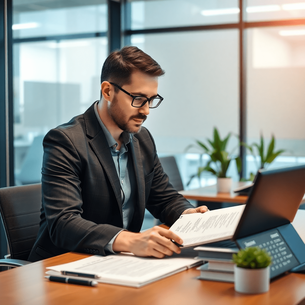 professional translator working on documents, multilingual papers and certificates, modern office setting