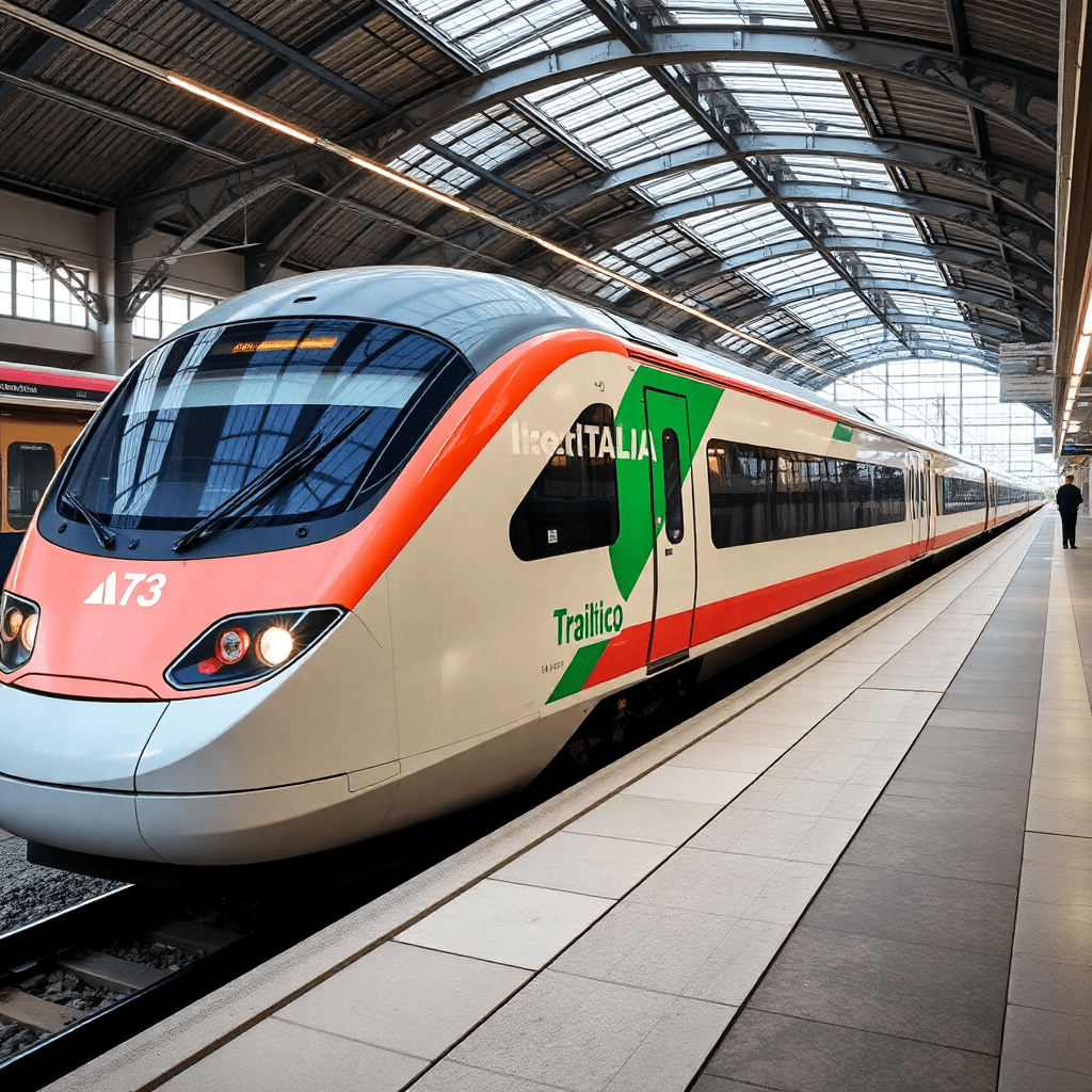 modern Italian train at Monfalcone station, Trenitalia branding, professional photography